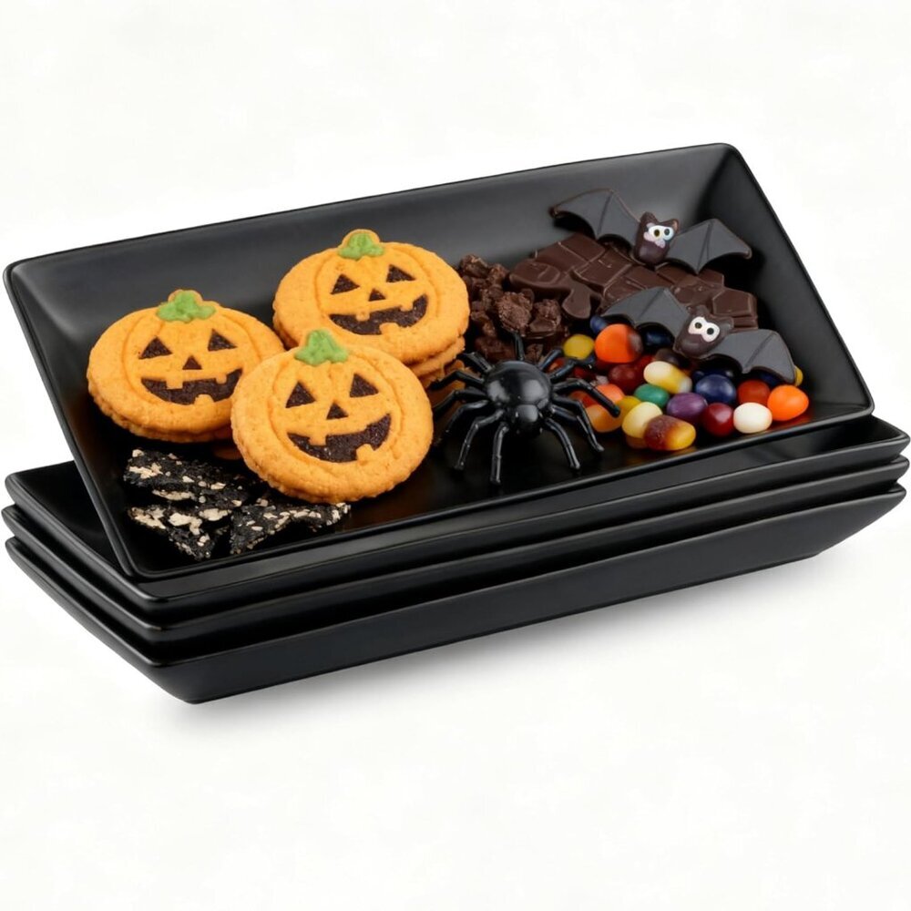 Black Serving Platter Set of 4 Porcelain Serving Plates Rectangular Halloween Se